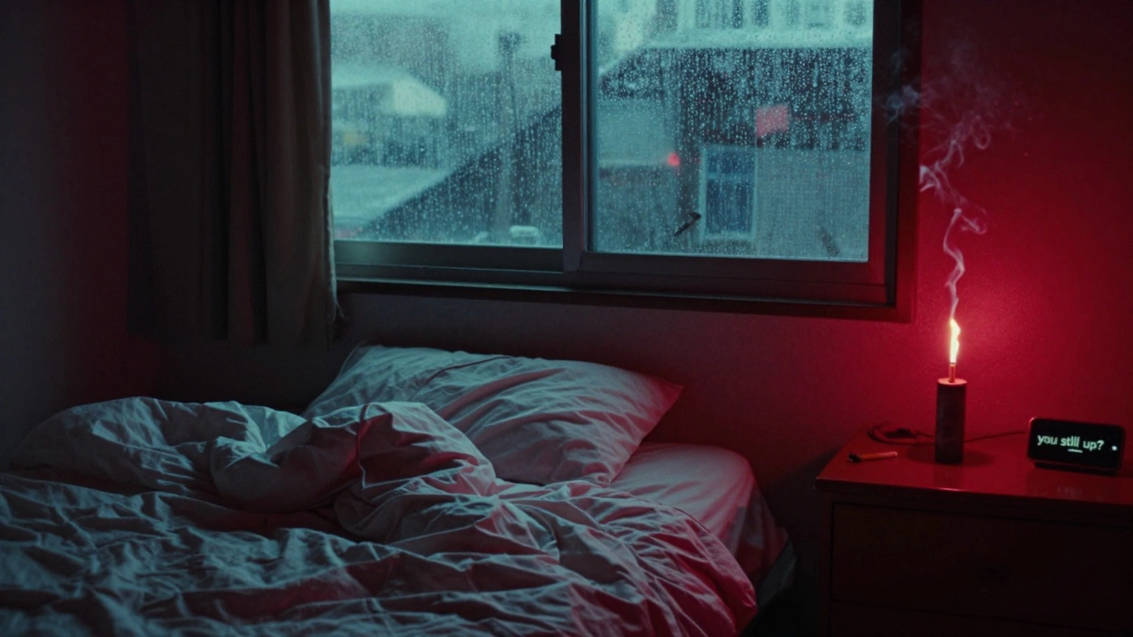 A dim neon-lit bedroom with a glowing cigarette and rain-streaked window, evoking quiet solitude after midnight.