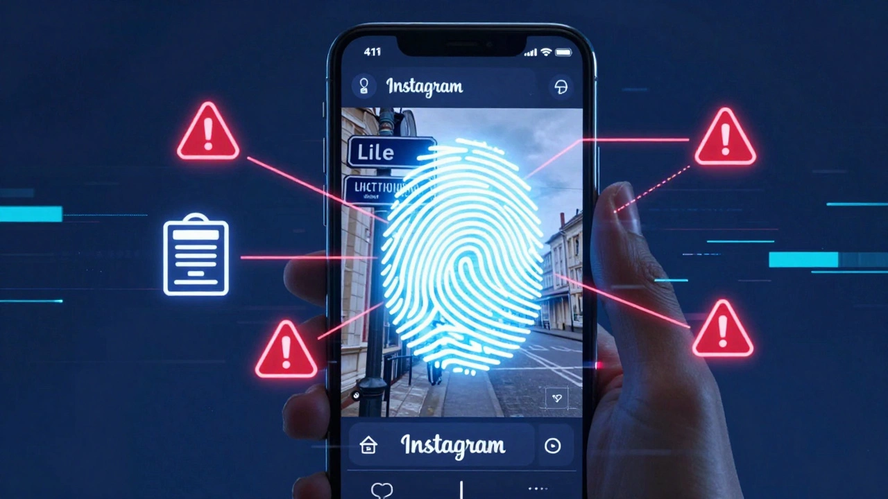 A smartphone screen showing a selfie with Lille&#039;s street sign, surrounded by digital warning symbols and tracing lines.