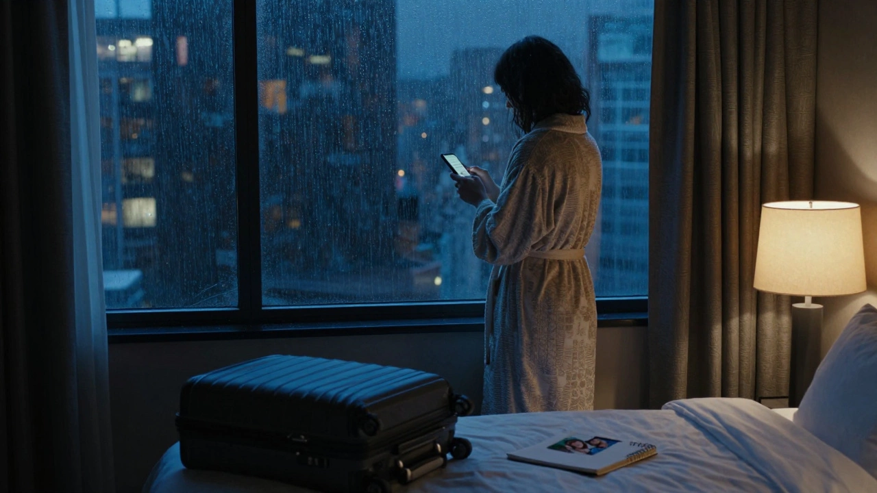 A woman stands by a hotel window at night, rain outside, holding a phone as suitcase and notebook lie open on the bed.