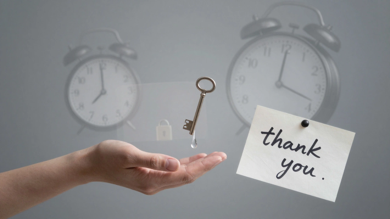 Abstract layers symbolize emotional labor — tea, time, a key, a tear, and a thank-you note in misty gray tones.