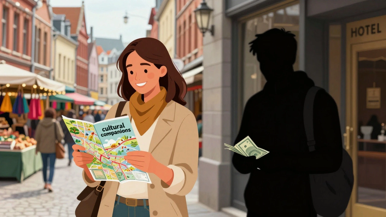 Contrasting scenes: a cultural guide leading tourists through a lively market versus a shadowy figure near a hotel.